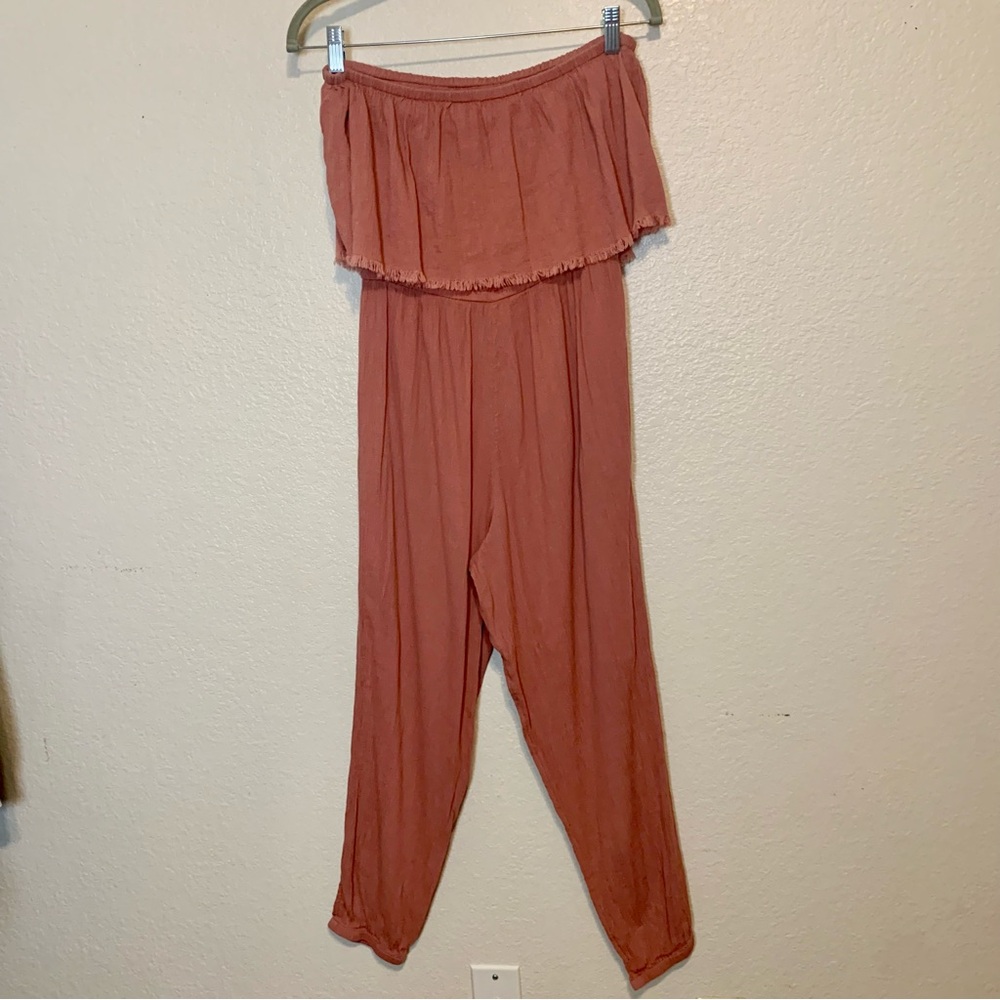 Aerie Strapless Jumpsuit Boho Crinkle Gauze Jogger Dusty Rose Size Small - Picture 7 of 10